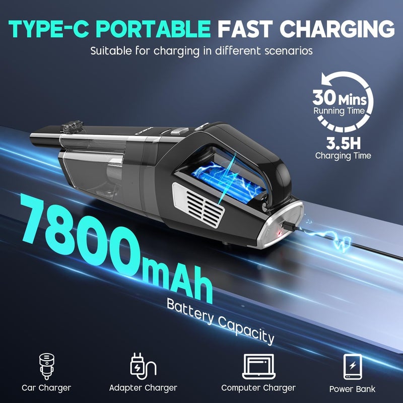 CKIKU Handheld Vacuum Cordless, 15000PA Strong Suction Hand Held Car Vacuum Cleaner Portable with Multi-Nozzles & Washable Filter, Lightweight Dust Busters Rechargeable for Home, Car, Office, Pets - Image 4